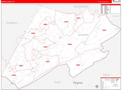 Monroe County, WV Zip Code Wall Map Red Line Style by MarketMAPS - MapSales