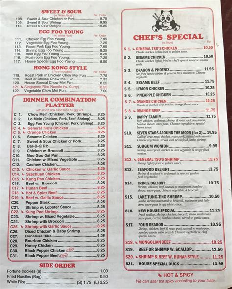 China Panda menu in Nashville, Tennessee, USA