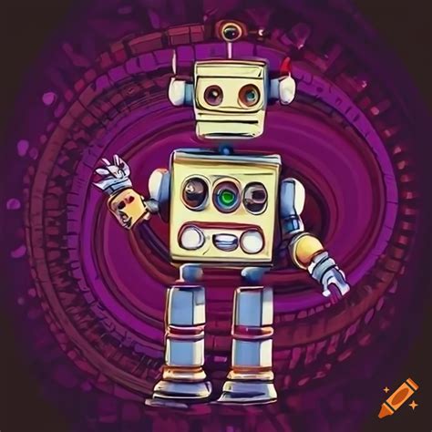 Retro robot with big teeth on spiral background on Craiyon