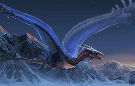 Wallpaper fantasy, Dragon, landscape, night, wings, mountains, snow, digital art, artwork ...