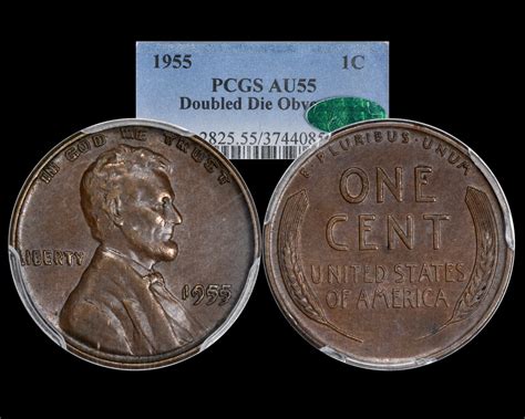 1955/55 Double Die Obv 1C Lincoln Wheat Cent PCGS AU55 CAC - The Penny Lady®