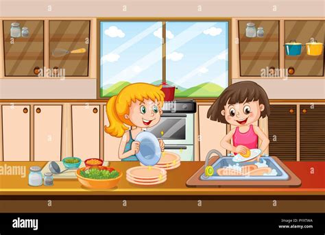 Girls cleaning dish in kitchen illustration Stock Vector Image & Art ...