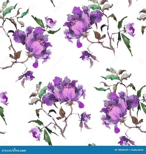 Seamless Pattern with Beautiful Purple Peonies on White Background. Watercolor Painting. Stock ...