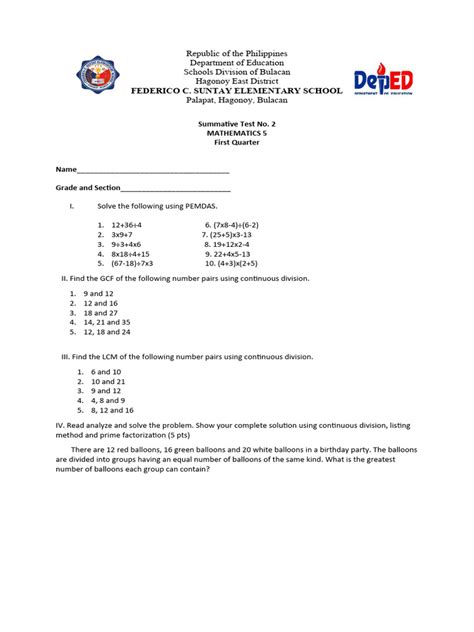 Summative Test No.2 Math | PDF