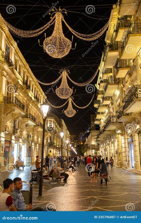 Nizami Street with Bright Night Illumination. Shopping Center of Baku ...