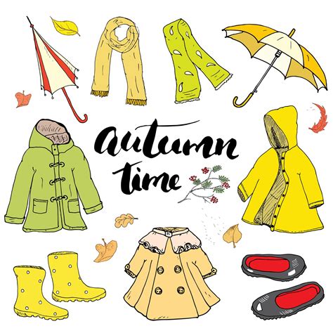 Autumn season clothes set. Hand drawn doodles and lettering vector ...