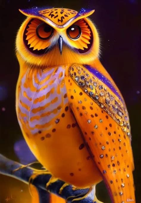 Glossy, sparkling portrait of a orange owl. Art by... | OpenArt