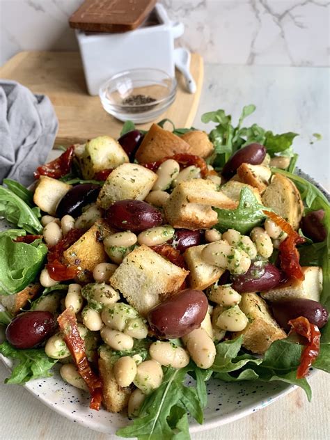 Panzanella with Olives, White Beans and Arugula Pesto - Big Delicious Life