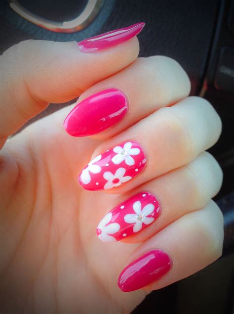 Summer bright pink gel nails with cute little flowers ))) Love them))) | Pink flower nails, Pink ...