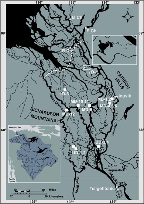 Map of the Mackenzie River delta with the major tributaries ...