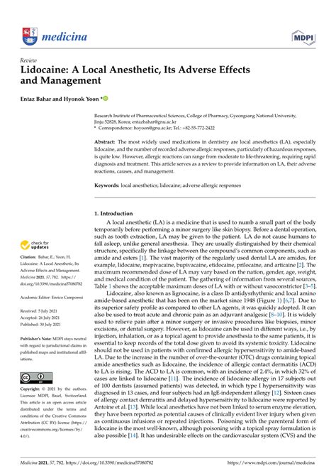 (PDF) Lidocaine: A Local Anesthetic, Its Adverse Effects and Management