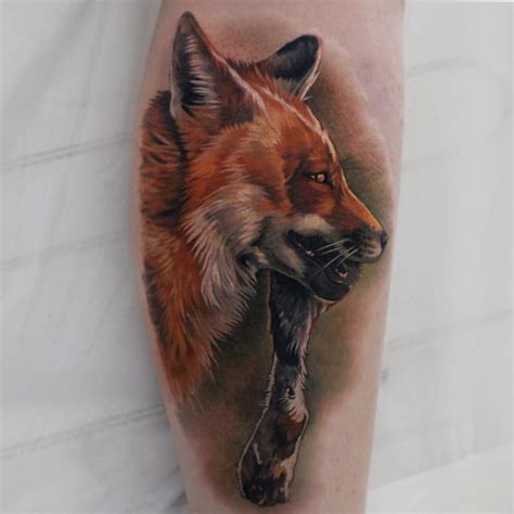 Realistic Fox portrait color tattoo made in Belgium by Giena Revess, a traveling. Calf Tattoo ...