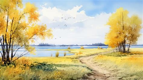 Premium AI Image | Watercolor Painting Of Autumn Scenery With Tree Lake ...