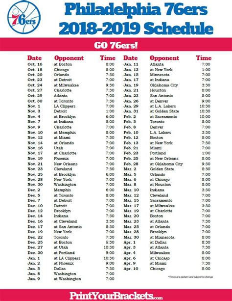 76Ers Printable Schedule