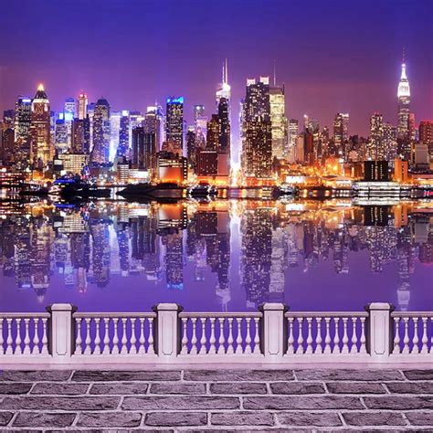 Night City Scene Bridge Photography Backdrops Printed Sparkling Light Buildings River Wedding ...