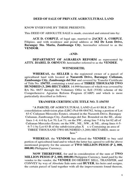 Deed of Sale of Private Agricultural Land | PDF | Property Law | Common Law