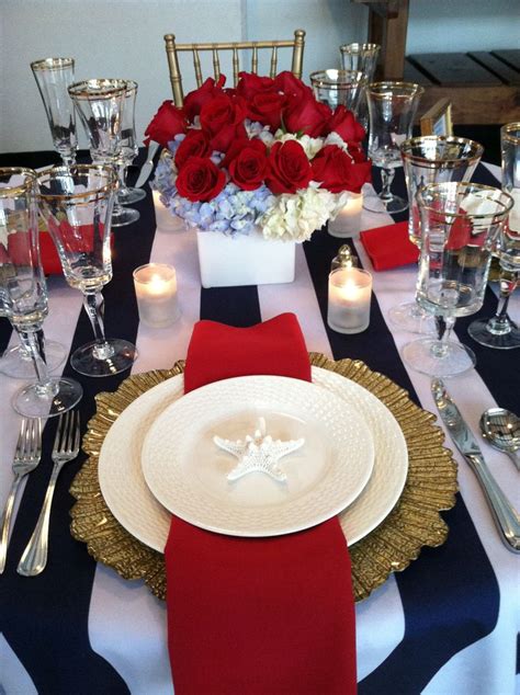 Red, white, blue, and gold nautical tablescape theme. Blue and white stripped tablecloth, gold ...