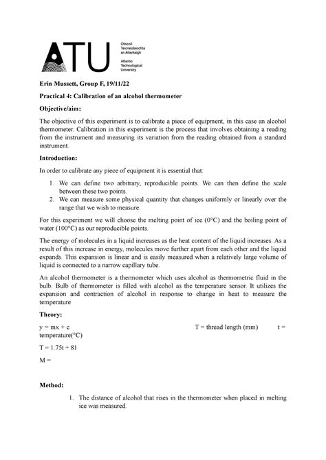 Calibration of an alcohol thermometer - Erin Mussett, Group F, 19/11/ Practical 4: Calibration ...