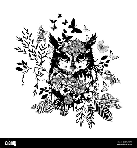 Owl with twigs and flowers. Vector illustration Stock Vector Image & Art - Alamy