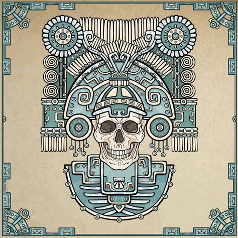 Stylized skull. Pagan god of death. Motives of art Native American Indian. Vector color ...