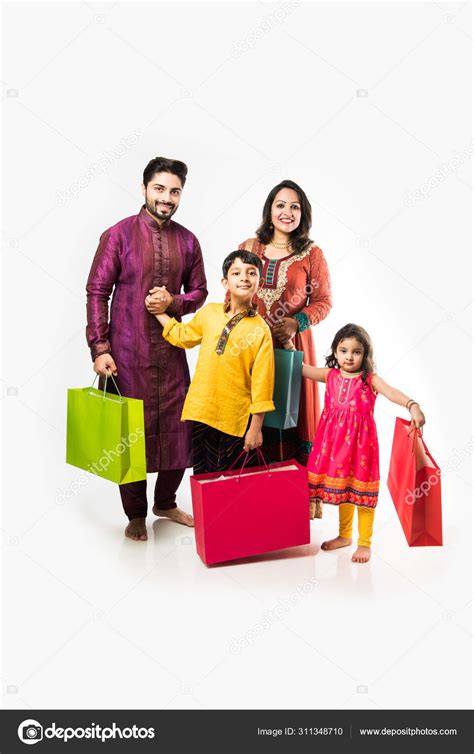 Indian Family Celebrating Diwali Deepavali Traditional Wear Shopping Bags Standing Stock Photo ...