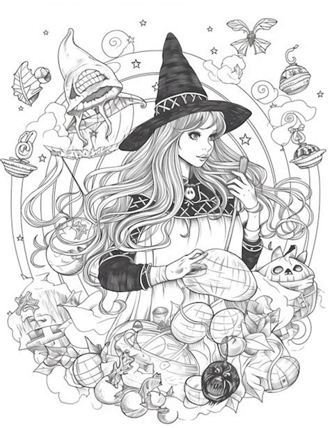 Premium Photo | A black and white drawing of a witch with a hat and a ...