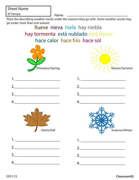 Printout Printable Spanish Weather Worksheets Pdf – Kidsworksheetfun