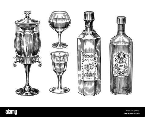 Bottle of Absinthe Glass shot. Label for retro poster or banner. Engraved hand drawn vintage ...