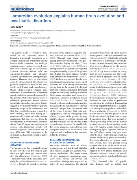 (PDF) Lamarckian evolution explains human brain evolution and psychiatric disorders