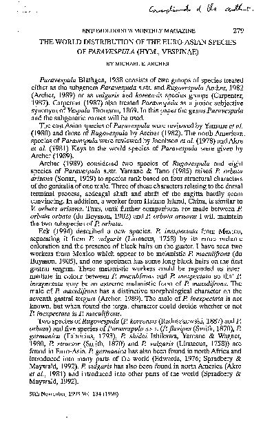 (PDF) The World distribution of the Euro-Asian species of Paravespula ...