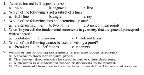 Solved: 1. What is formed by 2 opposite rays? a. point b. segment c ...