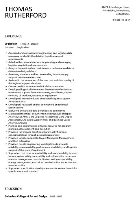 Logistician Resume Sample | Velvet Jobs