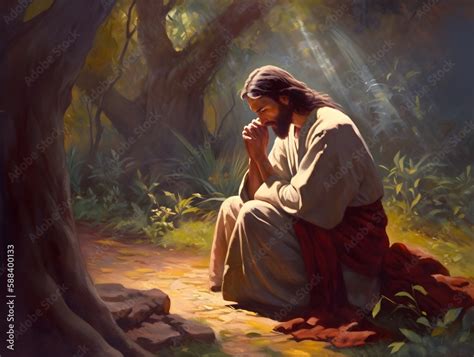 Jesus Christ praying in the garden of Gethsemane, oil painting created Generative Ai. Stock ...