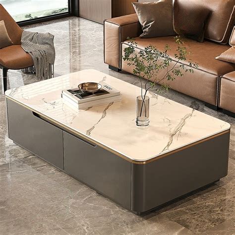 Modern Stone Wood Block Coffee Table With Storage Rectangular White and ...