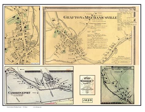 Grafton Villages Custom, Vermont 1869 Old Town Map Reprint - Windham Co ...