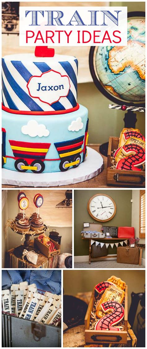 a collage of photos with train themed cakes and other things to do on the train party