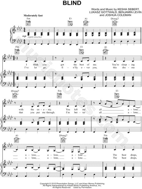 Kesha "Blind" Sheet Music in F Minor (transposable) - Download & Print - SKU: MN0089366