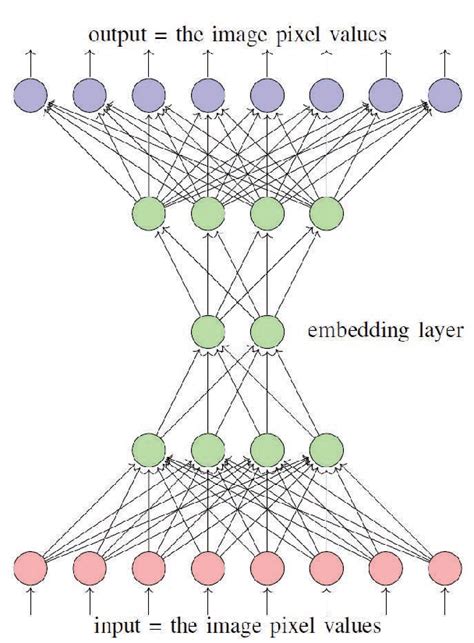 A small auto-encoder neural network model with 1 input layer (red), 3 ...