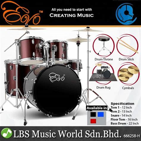 Evo 5 Piece Full Size Acoustic Drum Set with Cymbals Stands, Stool Kit ...