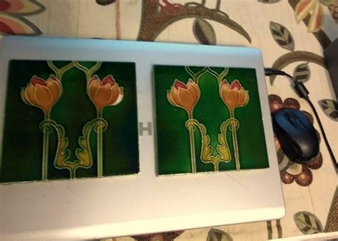 ART NOUVEAU Pair of Fireplace Art Tiles/Tulips Greens/Burnt Orange/Red ...