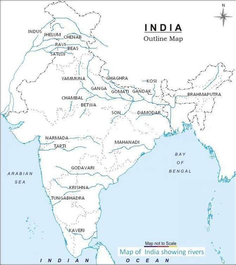 River outline map of India - India outline river map (Southern Asia - Asia)