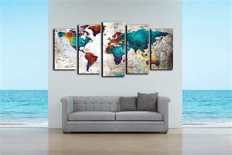 World map large 5 panel canvas print world map wall art | Etsy