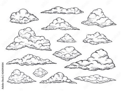 Sketch clouds. Hand drawn sky cloudscape. Outline sketching cloud ...