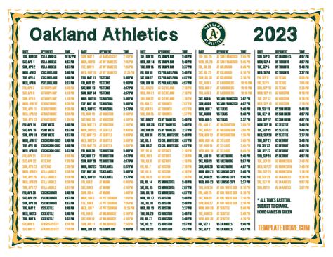 Printable 2023 Oakland Athletics Schedule