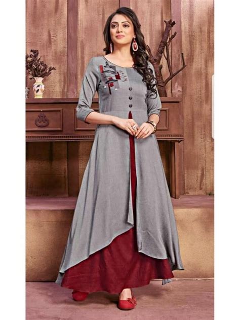 Siya Fashion Grey Beautiful Embroidered Anarkali Rayon Kurti | Long ...