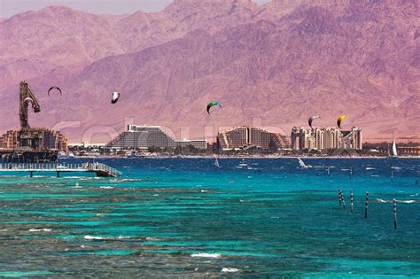 View on coastline with hotels, mountains and bay of Eilat located on ...