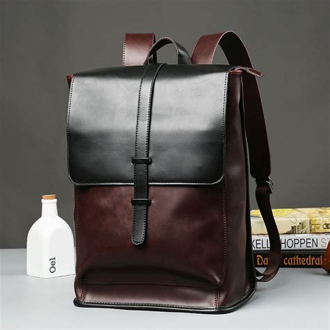 solid leather men backpack vintage Contrast color Large capacity black ...