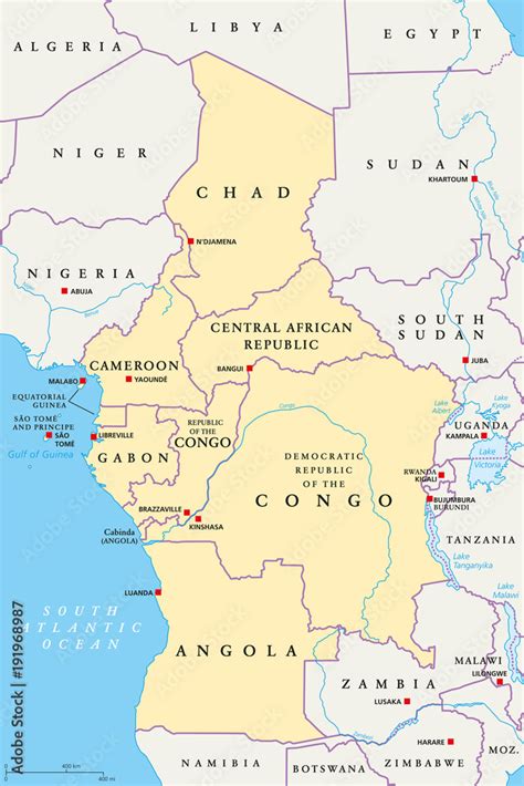 Central Africa region, political map. Area with capitals, borders ...