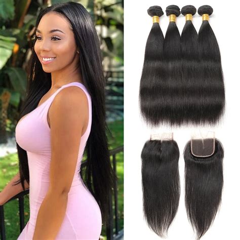 Straight Human Hair Bundles With Lace Closure Brazilian Hair Weave ...