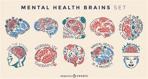 Mental Health Brains Badges Set Vector Download